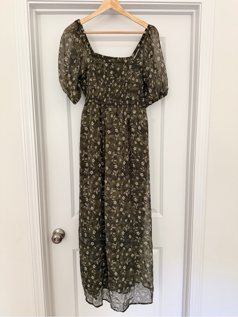 Olive Green Floral Smocked Maxi Dress Puff Sleeve Pockets Cottagecore